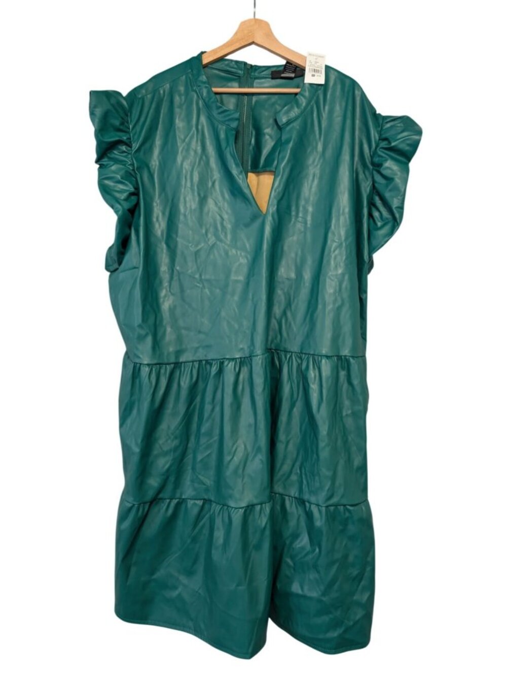 NWT Ashley Stewart Plus Size 34/36 Dark Green Faux Leather Tiered Ruffle Dress